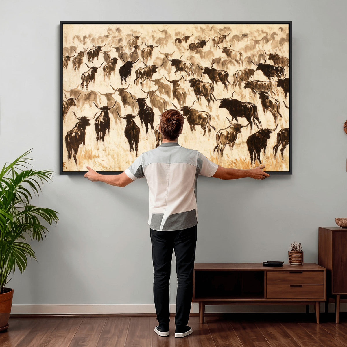 Texas Longhorn Sepia Canvas Wall Art, Western Cattle
