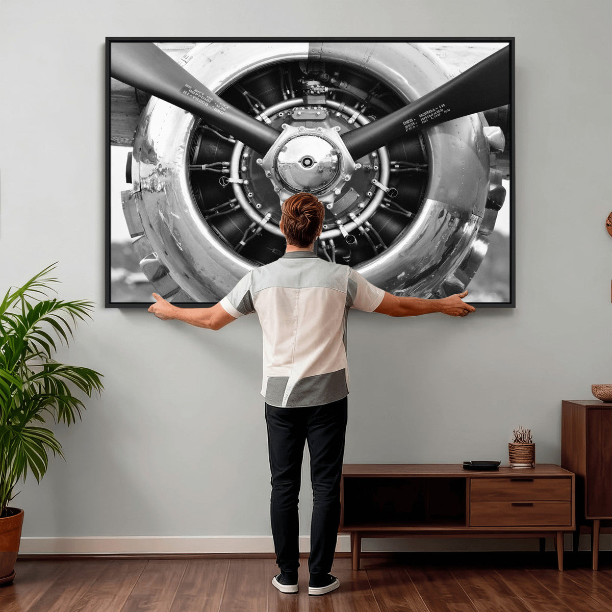 Vintage Propeller Plane Wall Art Canvas Print, Black and