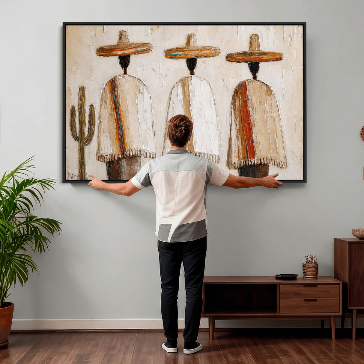 Mexican Wall Art Canvas Print, Southwestern Sombrero Poncho Painting, Neutral Earthy Boho Decor, Fiesta Living Room Art, Impasto Style Print