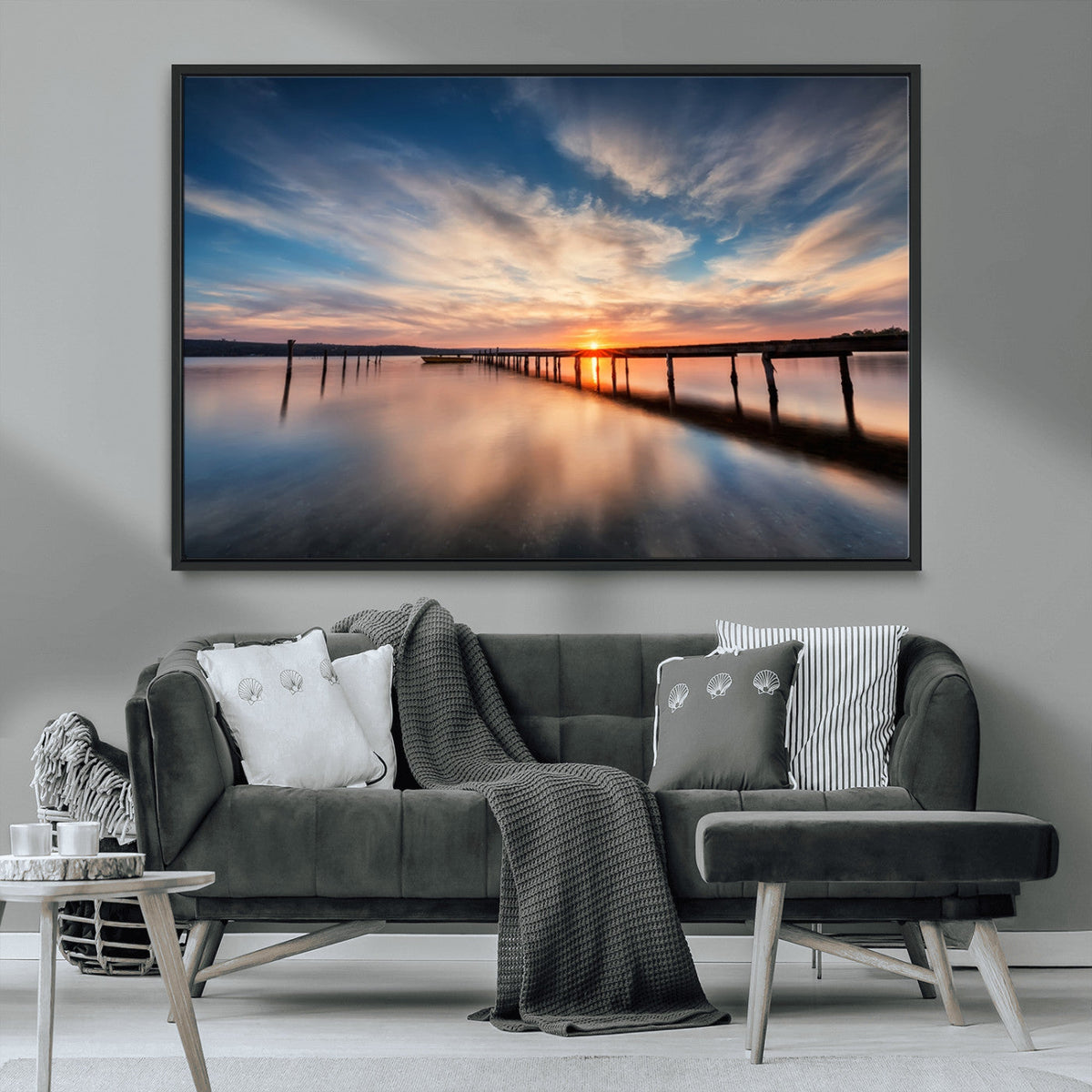 Wooden Pier on Seascape and Sunset Wall Art Canvas Print