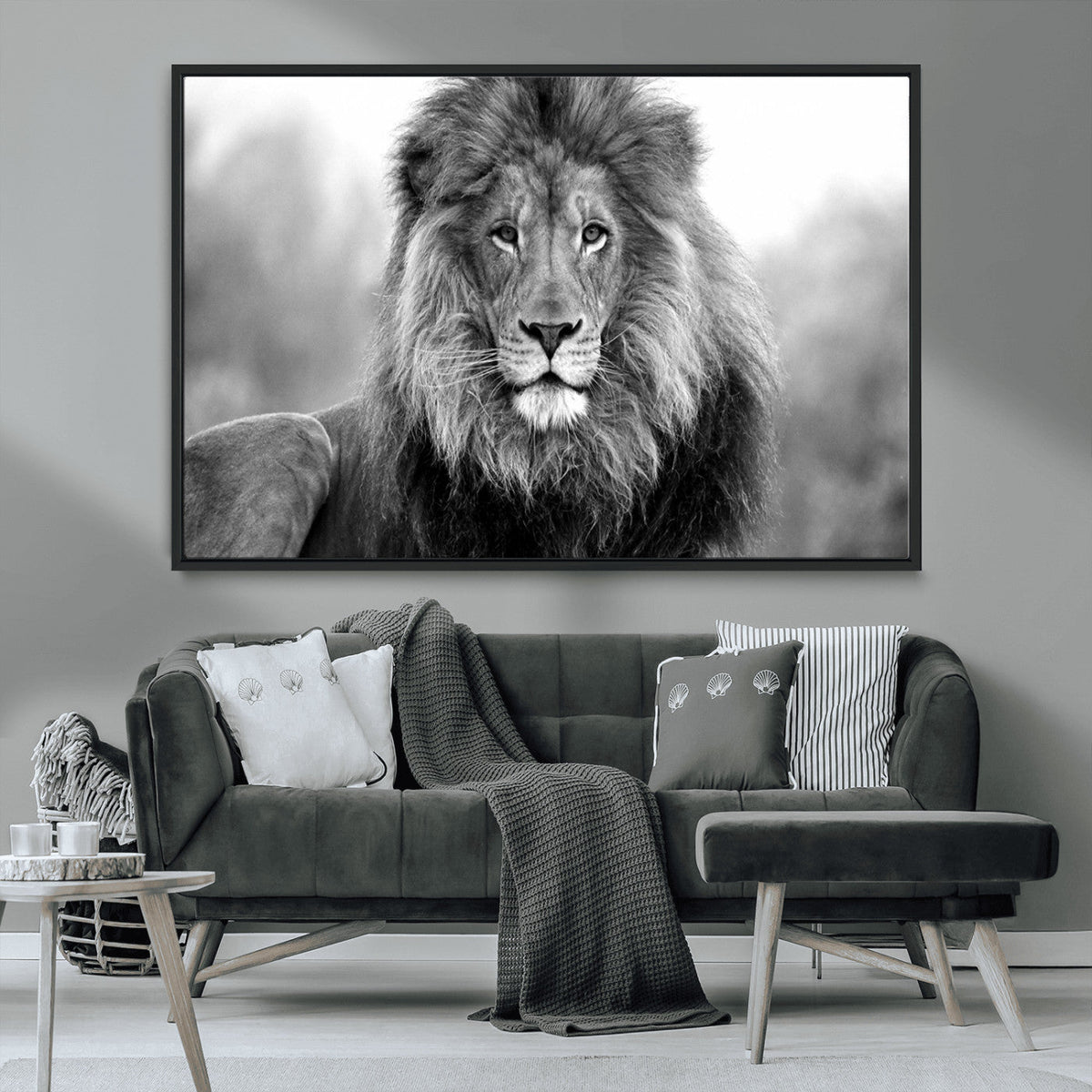 Black and White Lion Canvas Wall Art – Animal Print Artwork