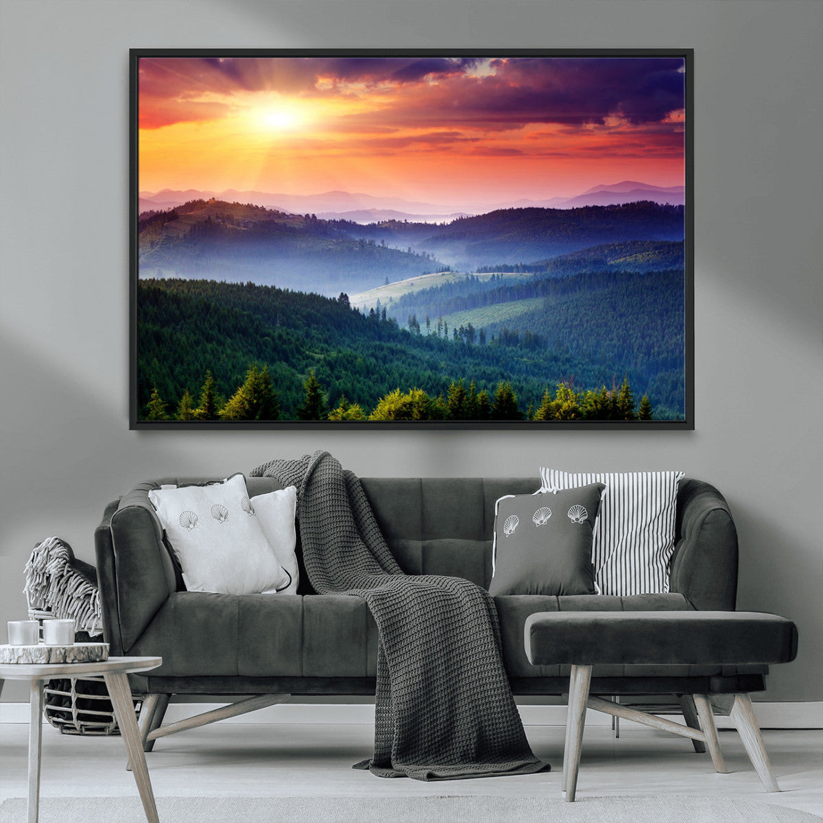 Beautiful Sunset over Hills Forest Landscape Canvas Wall Art