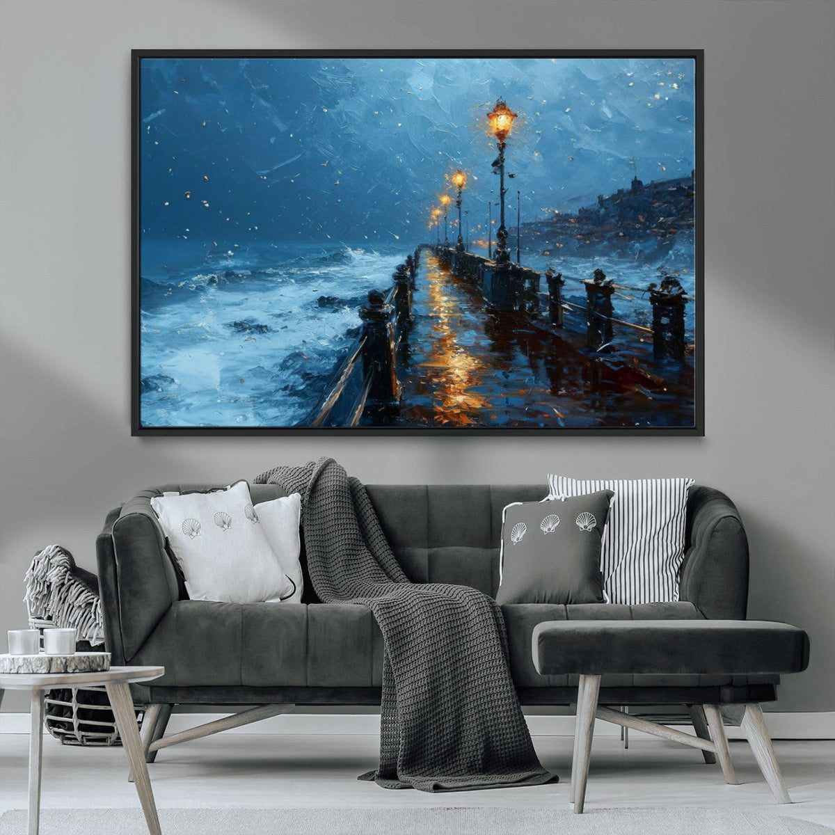 Stormy Night at Beach Pier Oil Painting Large Wall Art