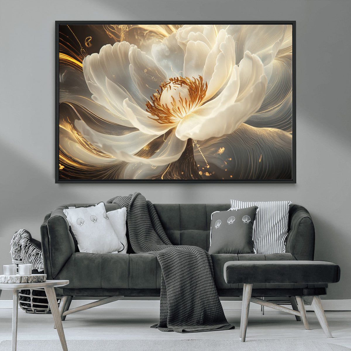 Gold Floral Wall Art Canvas Print, Framed Modern Flower Art