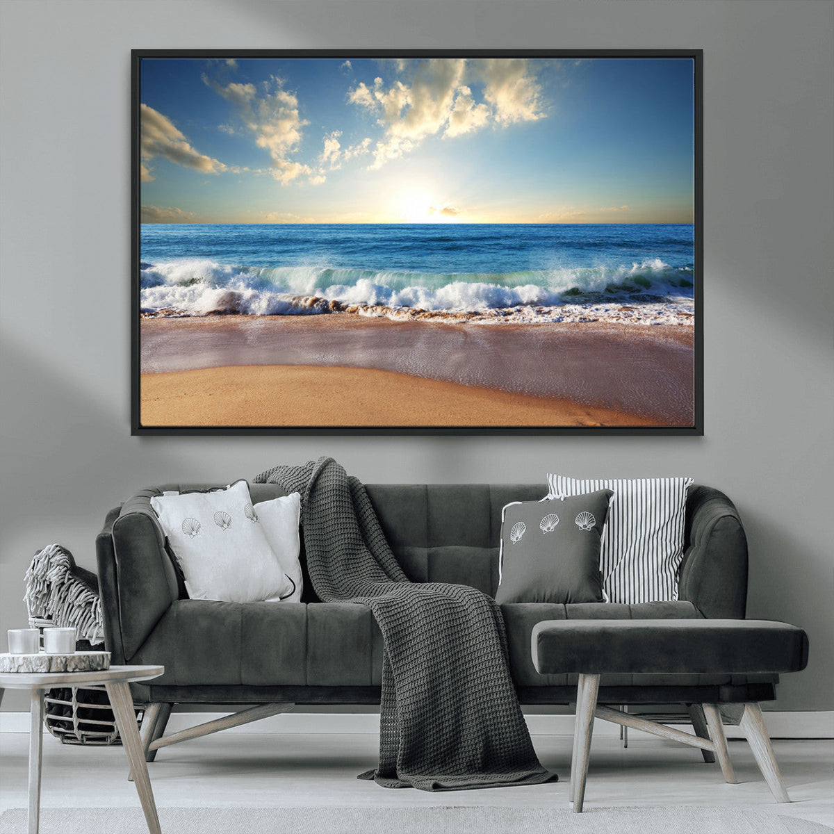 Serene Ocean Sunset Canvas Wall Art - Beach Waves at Sunset,