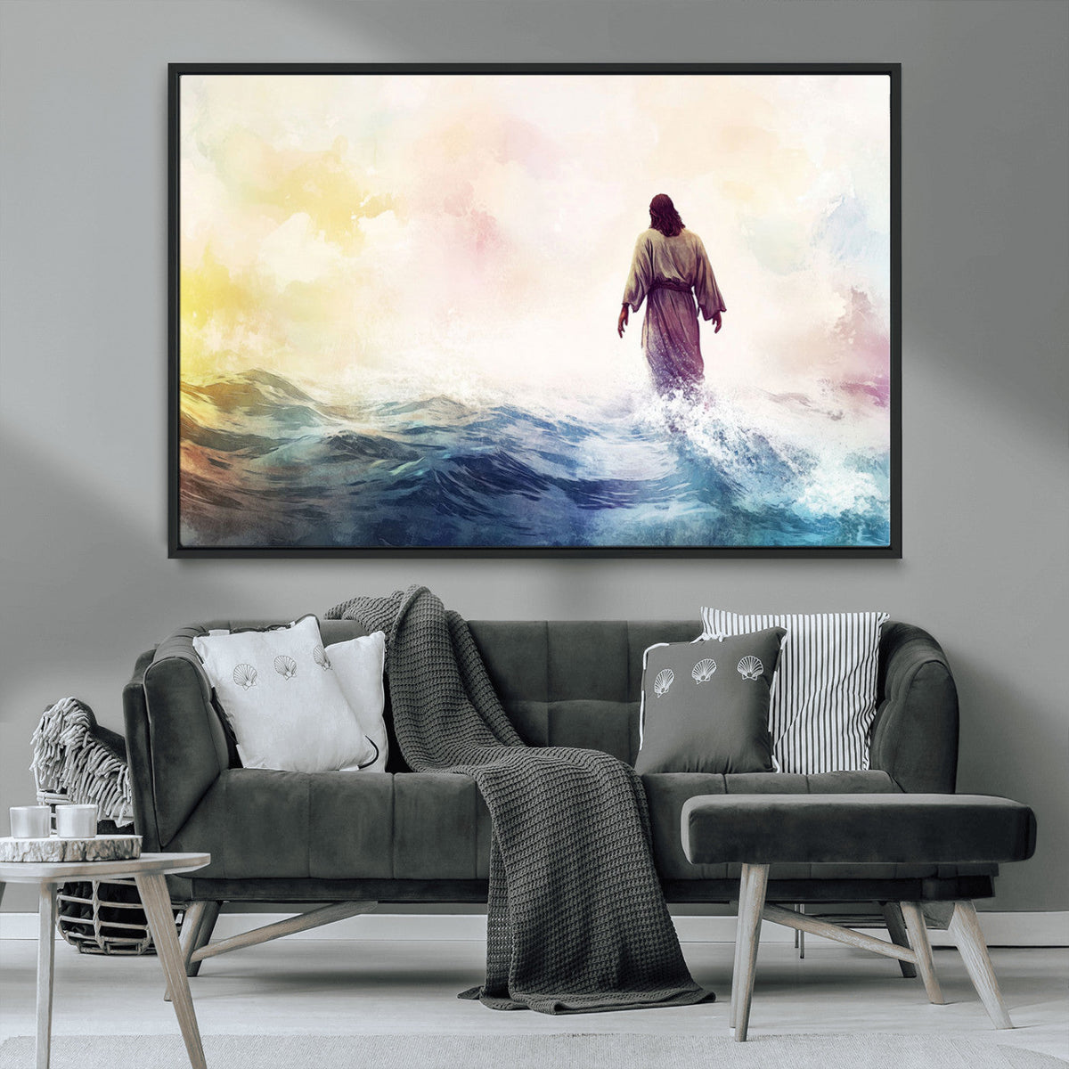 Watercolor Jesus Walking on Water Canvas Print, Christian
