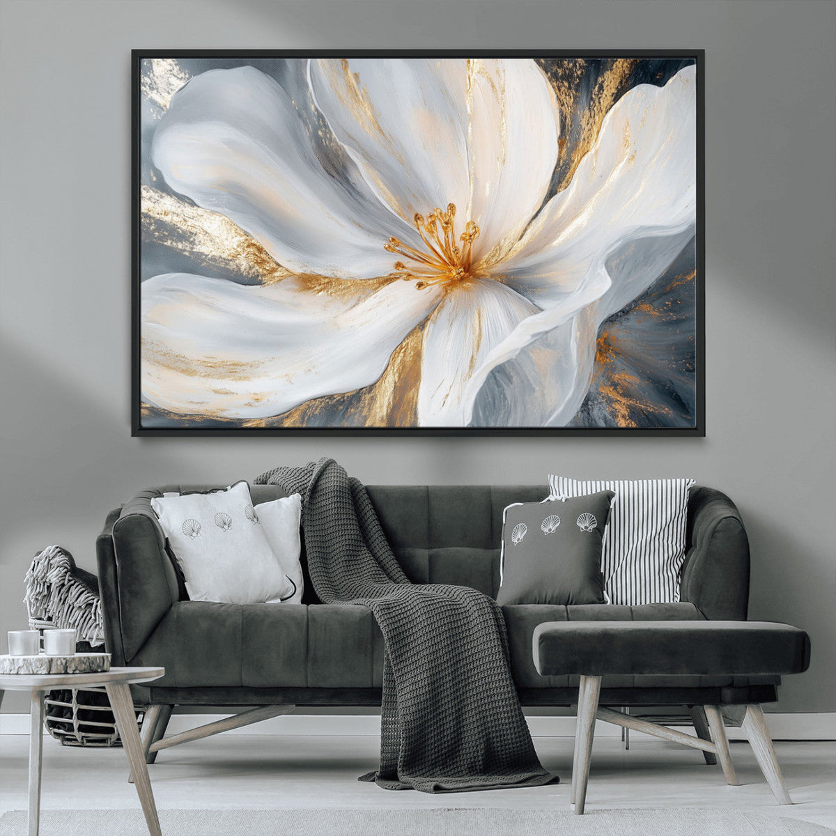 White and Gold Floral Canvas Wall Art - Framed and Ready to