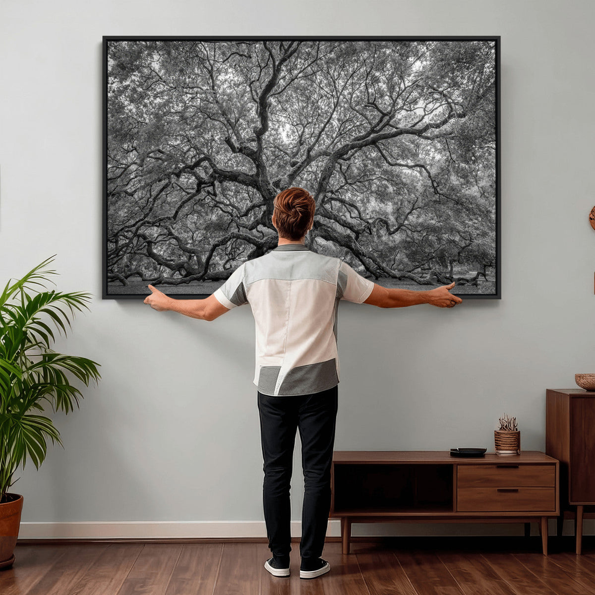 Majestic Angel Oak Tree Black and White Canvas Print – Multi