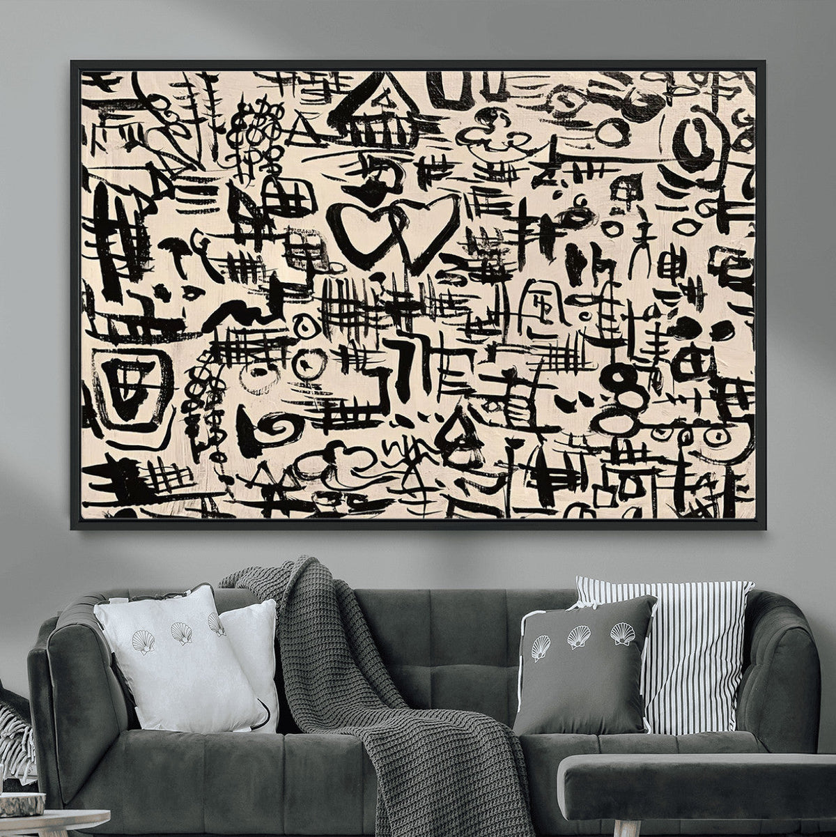 Abstract Love and Chaos Canvas Print, Black Symbols on Beige