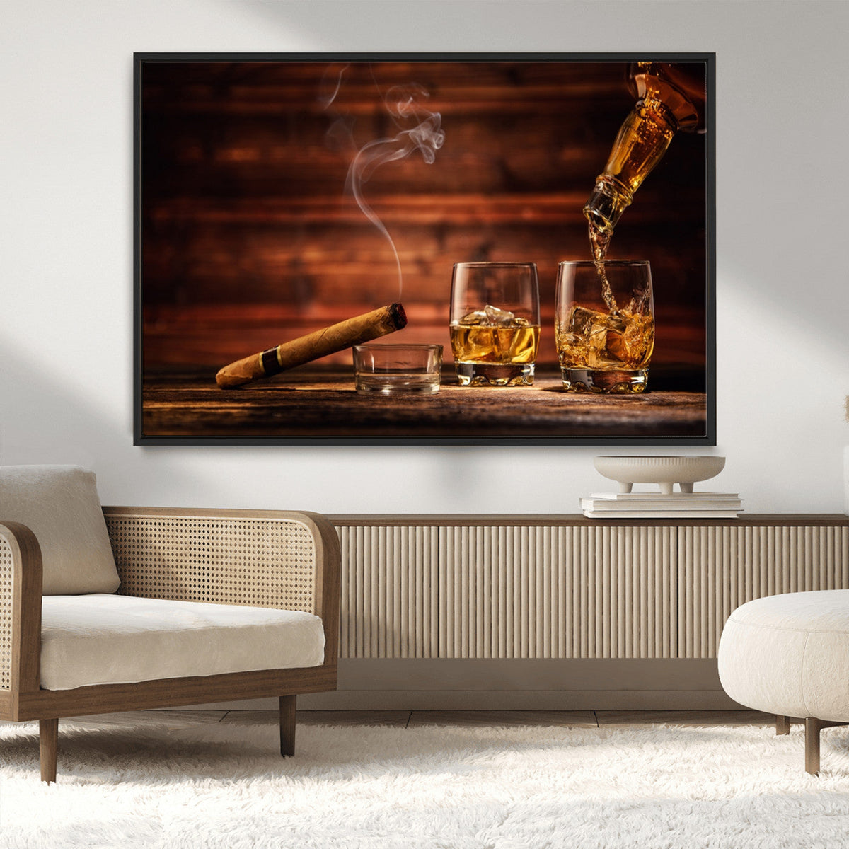 Whiskey and Cigar Wall Art Canvas | 3 Panel Bar Room Decor
