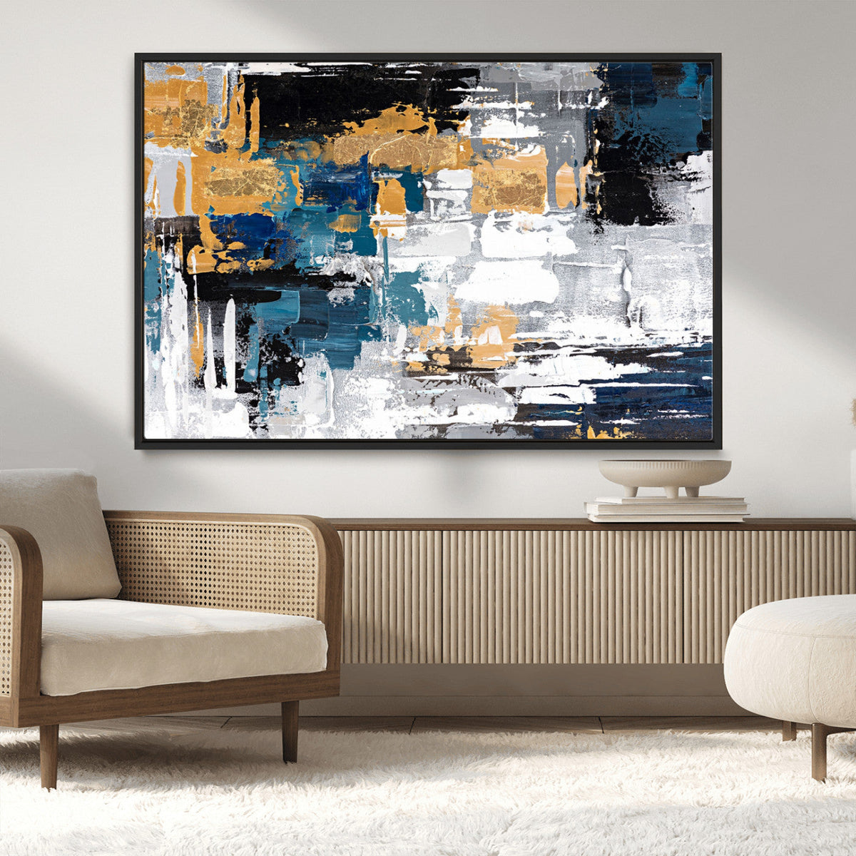 Blue and Gold Abstract Canvas Wall Art – Triptych Modern