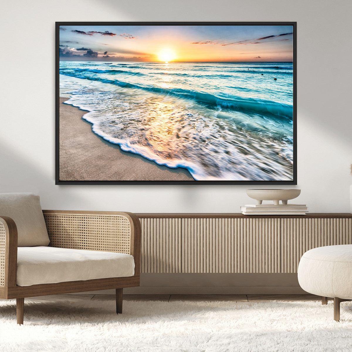 Sunset Beach Waves Canvas Wall Art – 5-Panel Ocean Sunset
