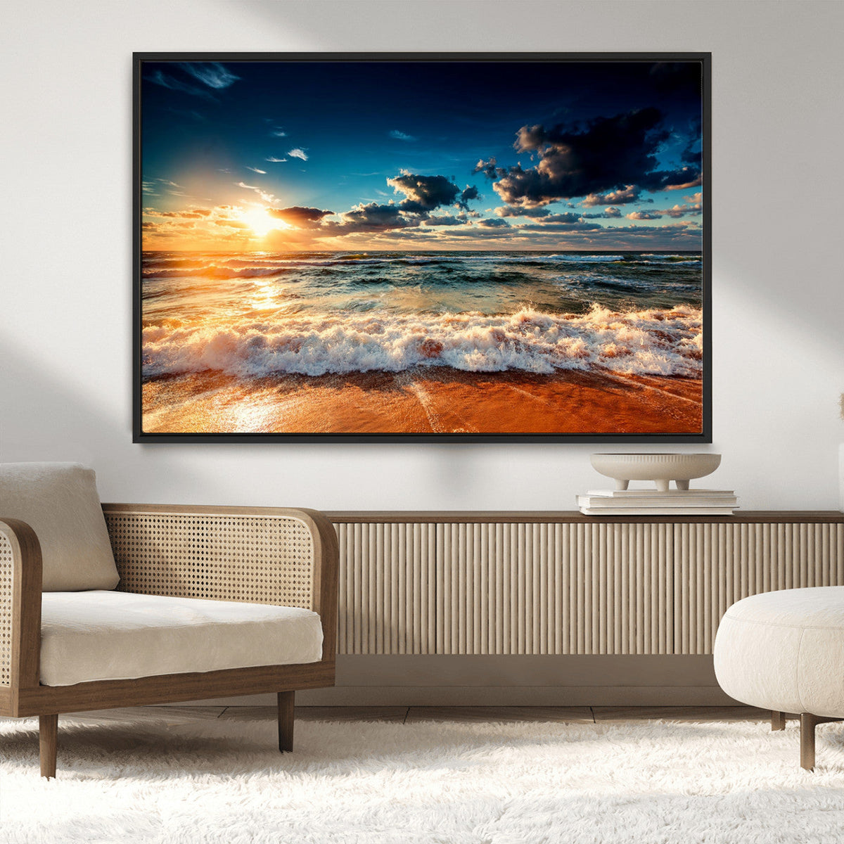 Golden Hour Sunset Over Ocean Waves Wall Art Canvas Print |