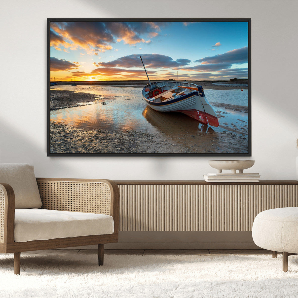 Small Boat At The Beach Sunset Wall Art, Boat Sunset Wall
