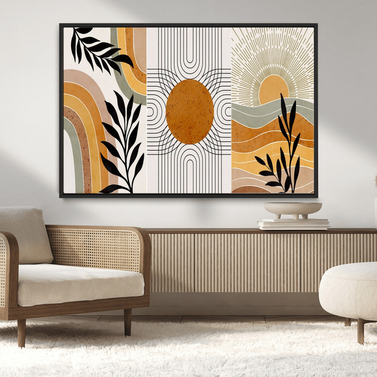 Modern Boho Sun and Leaf Abstract Art – 3-Panel Giclée