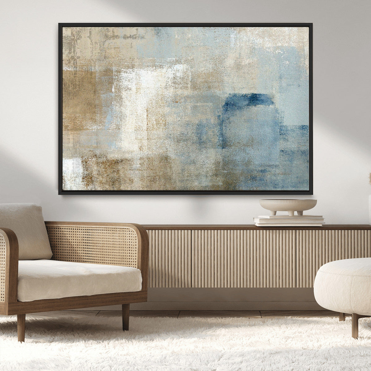 Abstract Blue and Beige Wall Art, Modern Minimalist Canvas