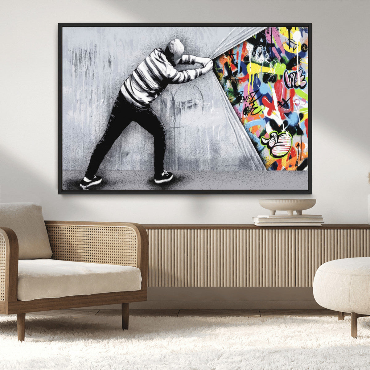 Banksy Art Behind the Curtain Street Wall Art Canvas Print |