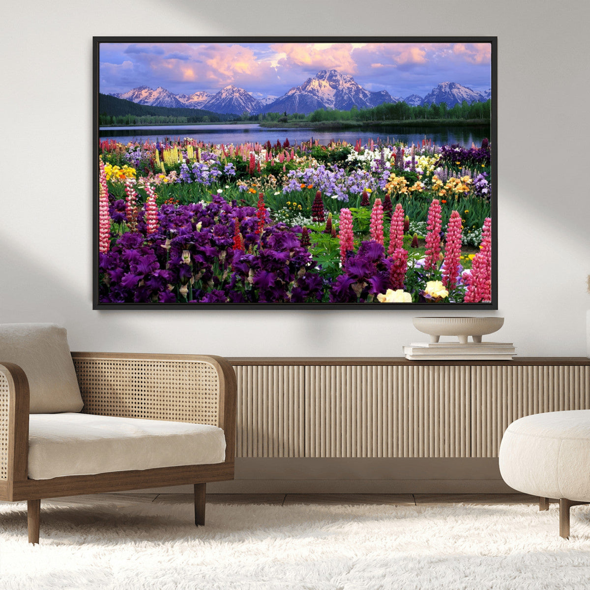 Vibrant Wildflower Garden and Mountain View Giclee Canvas