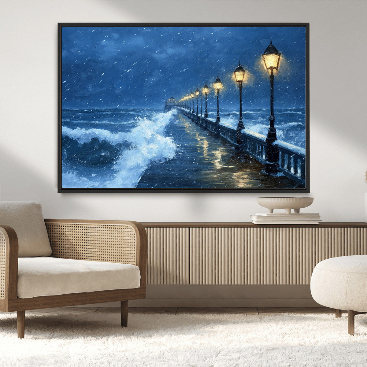 Stormy Ocean Pier Lights Canvas Wall Art Print - Large Moody