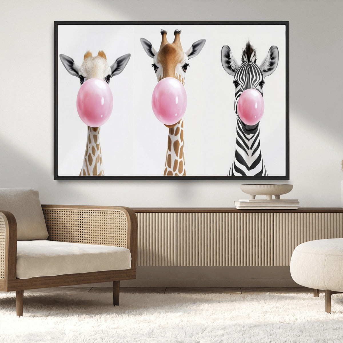 Bubblegum Animals Canvas Wall Art - Playful Giraffe and