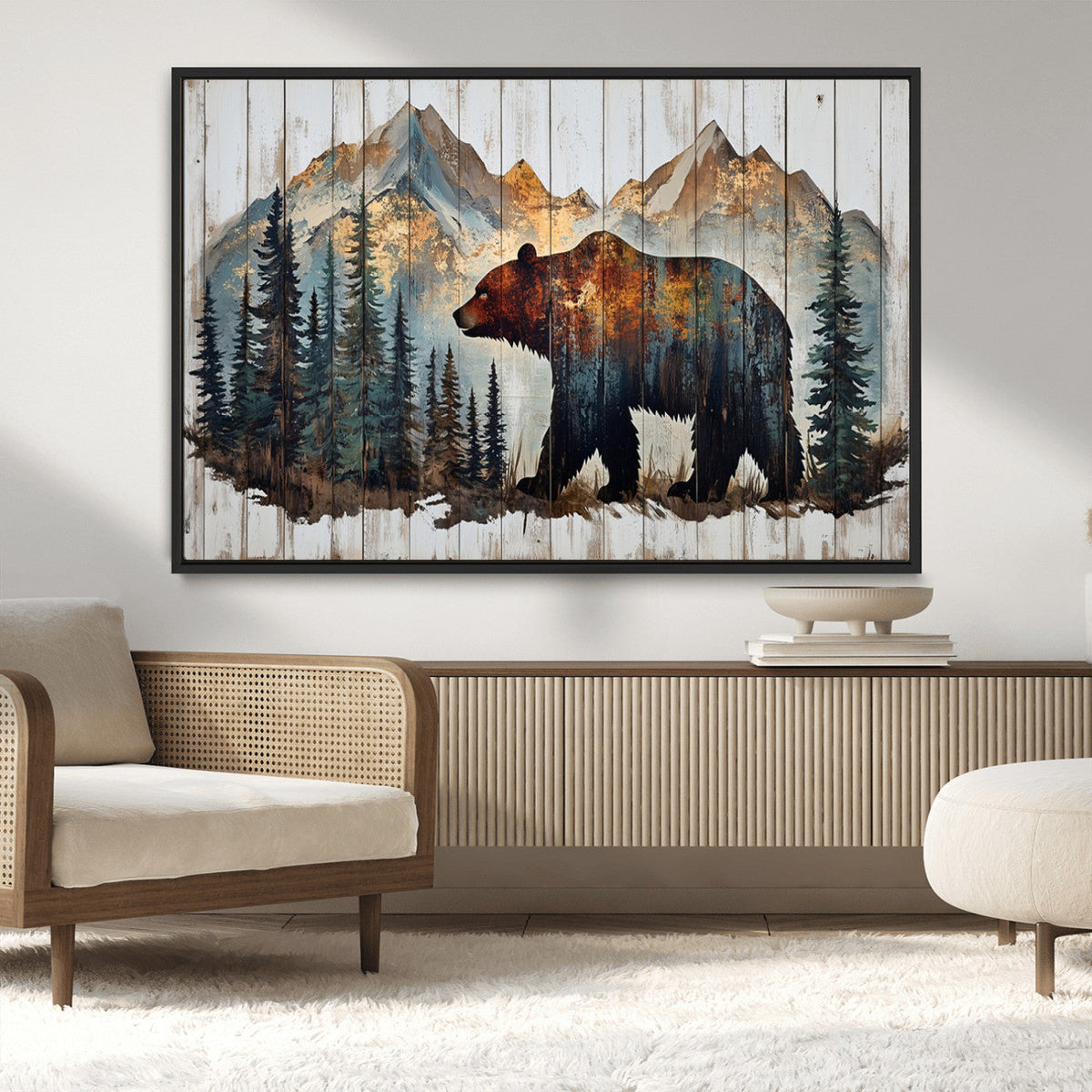 Rustic Grizzly 399 Bear and Mountain Wood Canvas Wall Art -