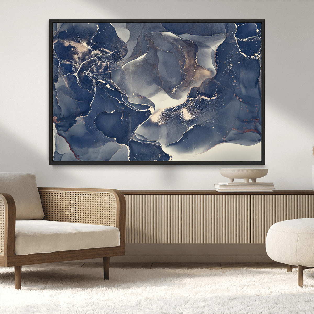 Large Abstract Blue and Gold Canvas Wall Art Fluid Ink