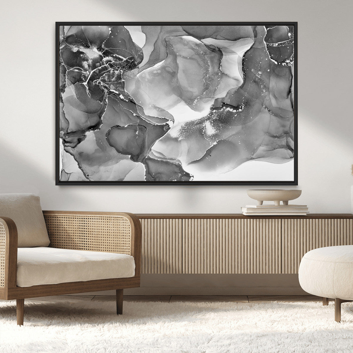 Black White Abstract Canvas Wall Art - Fluid Ink Artwork -