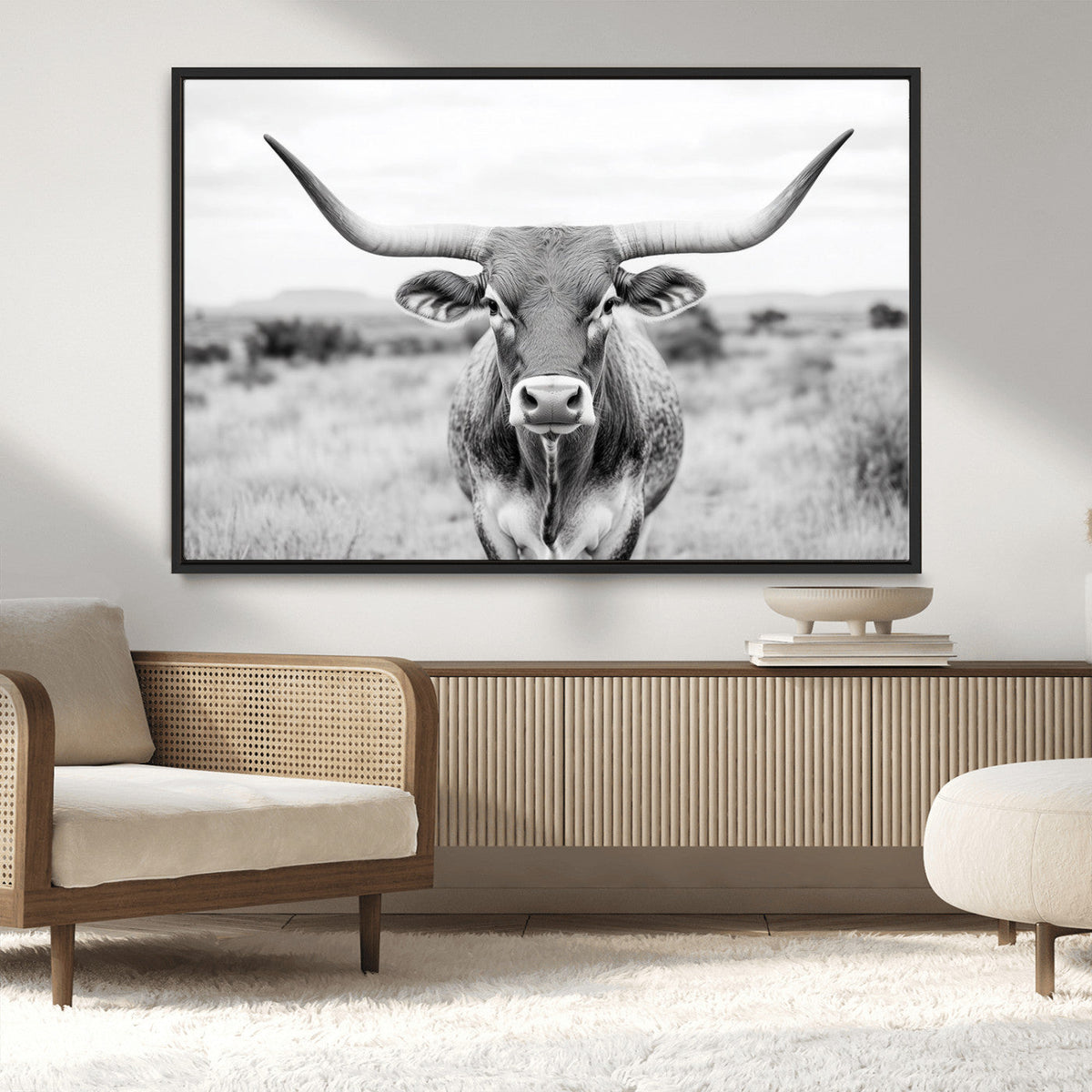 Highland Cow Wall Art Canvas Print – Black and White Western