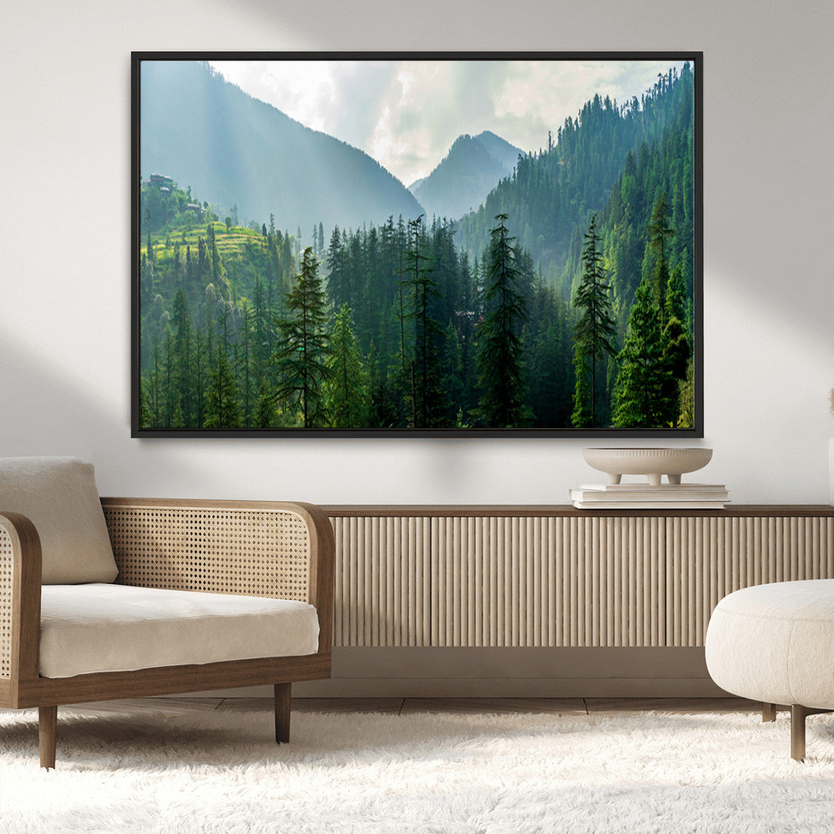 Misty Forest Mountain Wall Art Canvas Print – Framed Serene