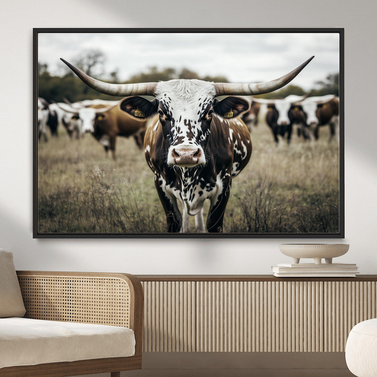 Texas Longhorn Wall Art – Framed Speckled Cow Canvas