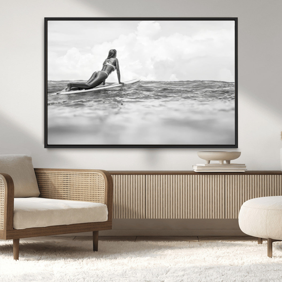 Black and White Surfing Wall Art Canvas Print – Framed Ocean
