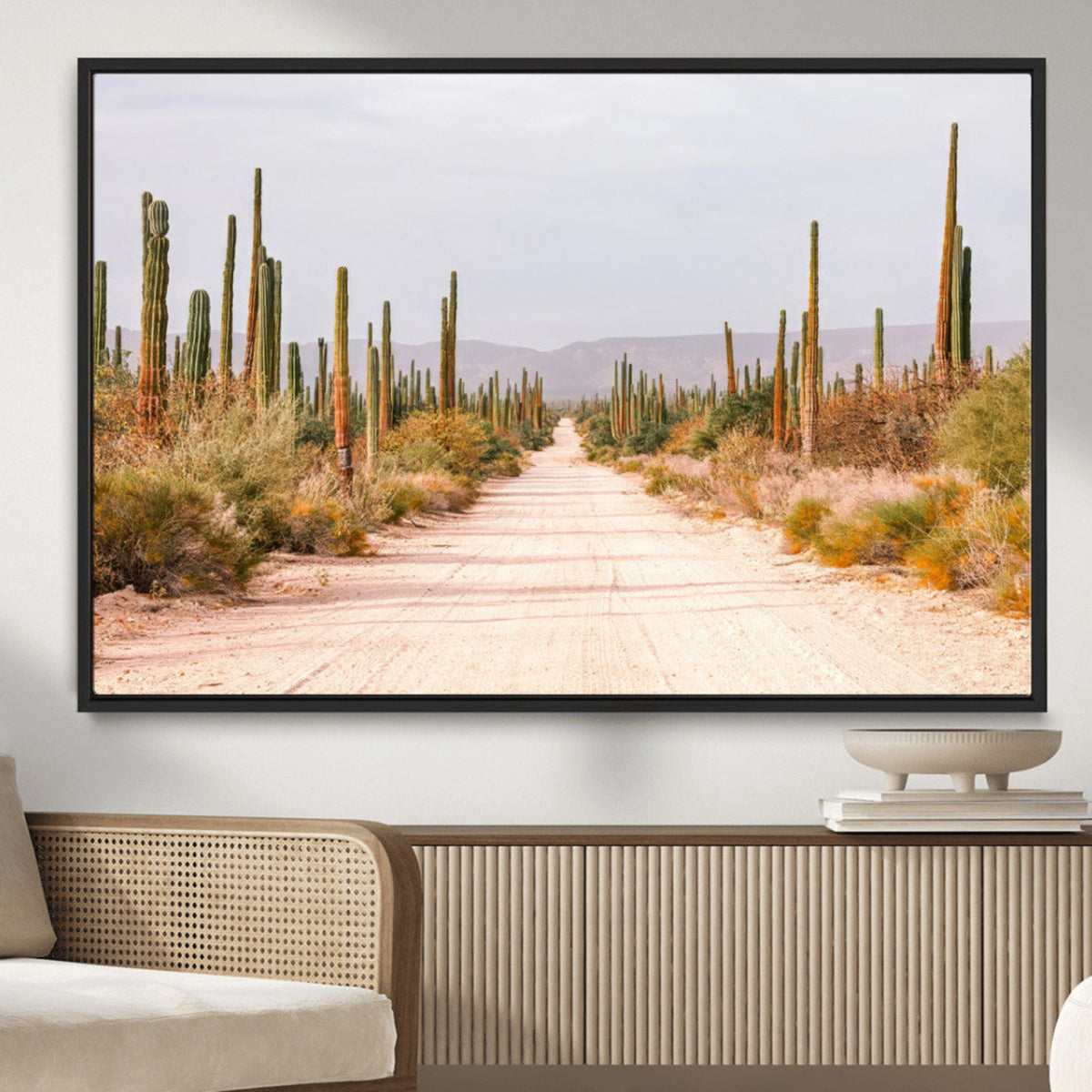Desert Cactus Lined Road Wall Art Canvas Print – Framed