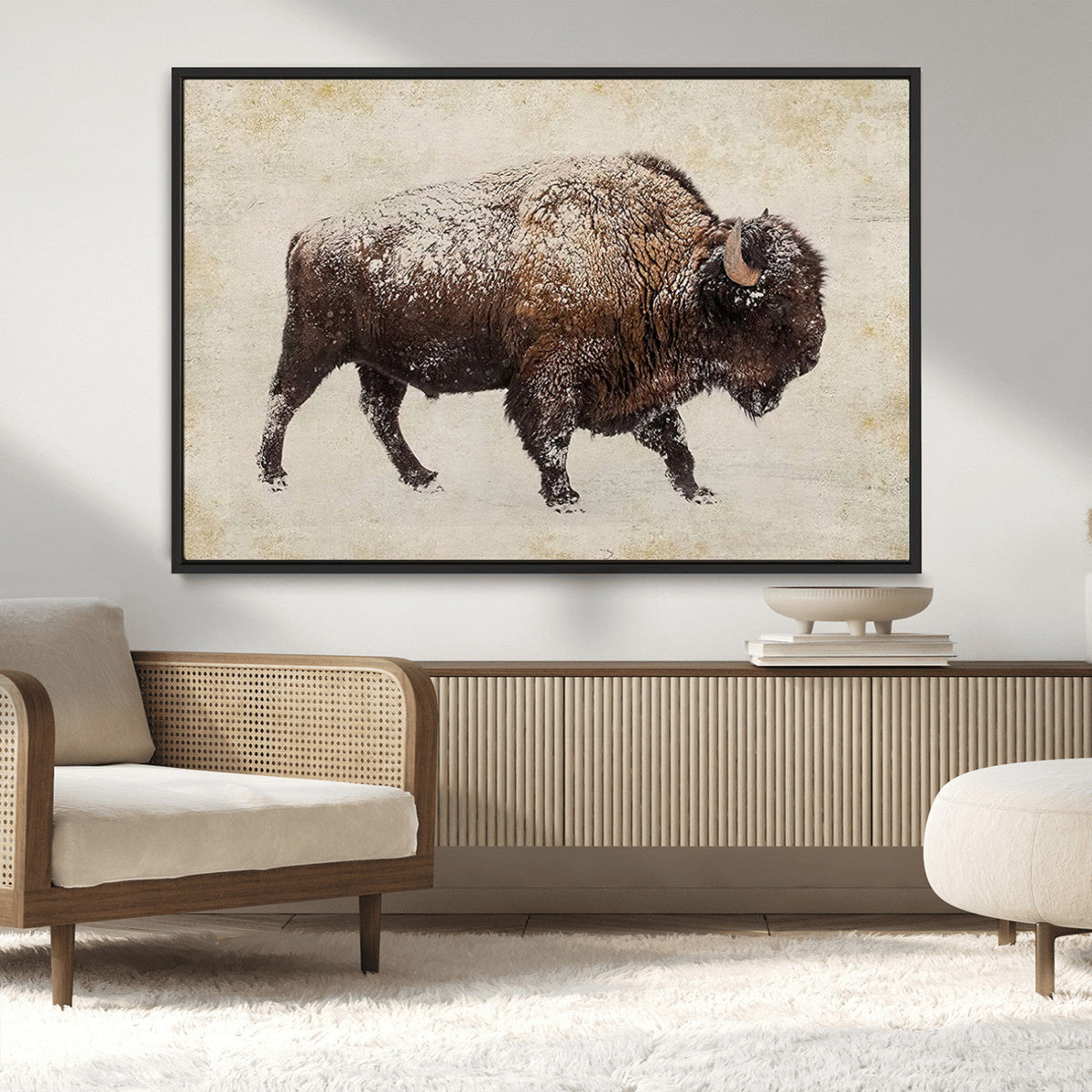 Snow-dusted bison silhouette textured vintage style rugged