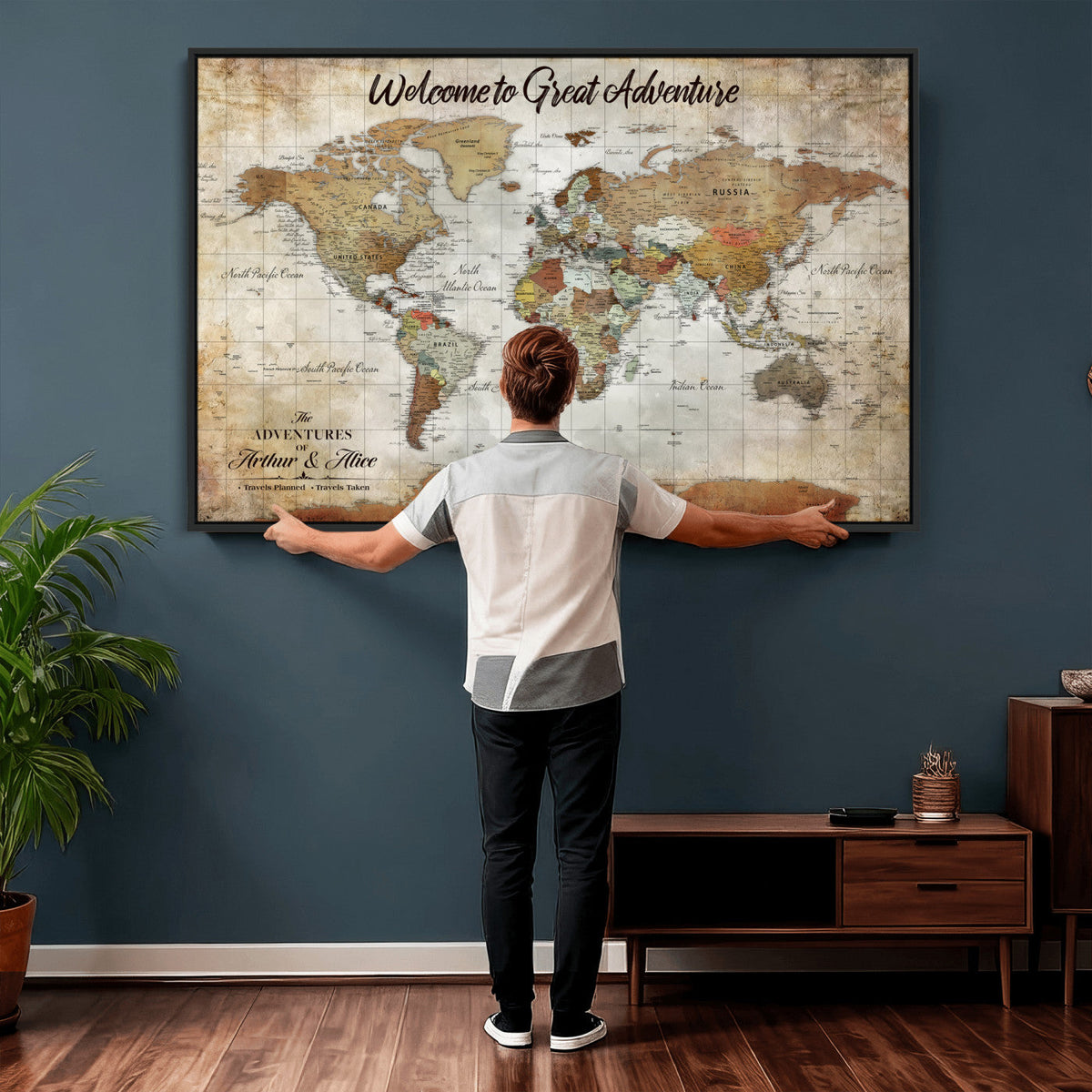 Personalized World Map Wall Art Canvas Print – Custom Push