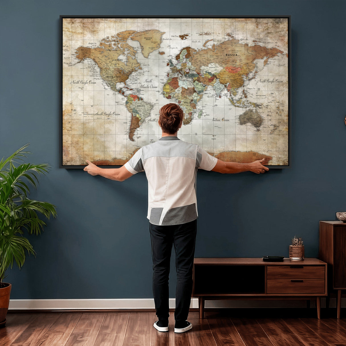 World Map Wall Art Canvas Print, Modern Decorative Framed Map Artwork Prints for Living Room, Office, Bedroom Wall Decor