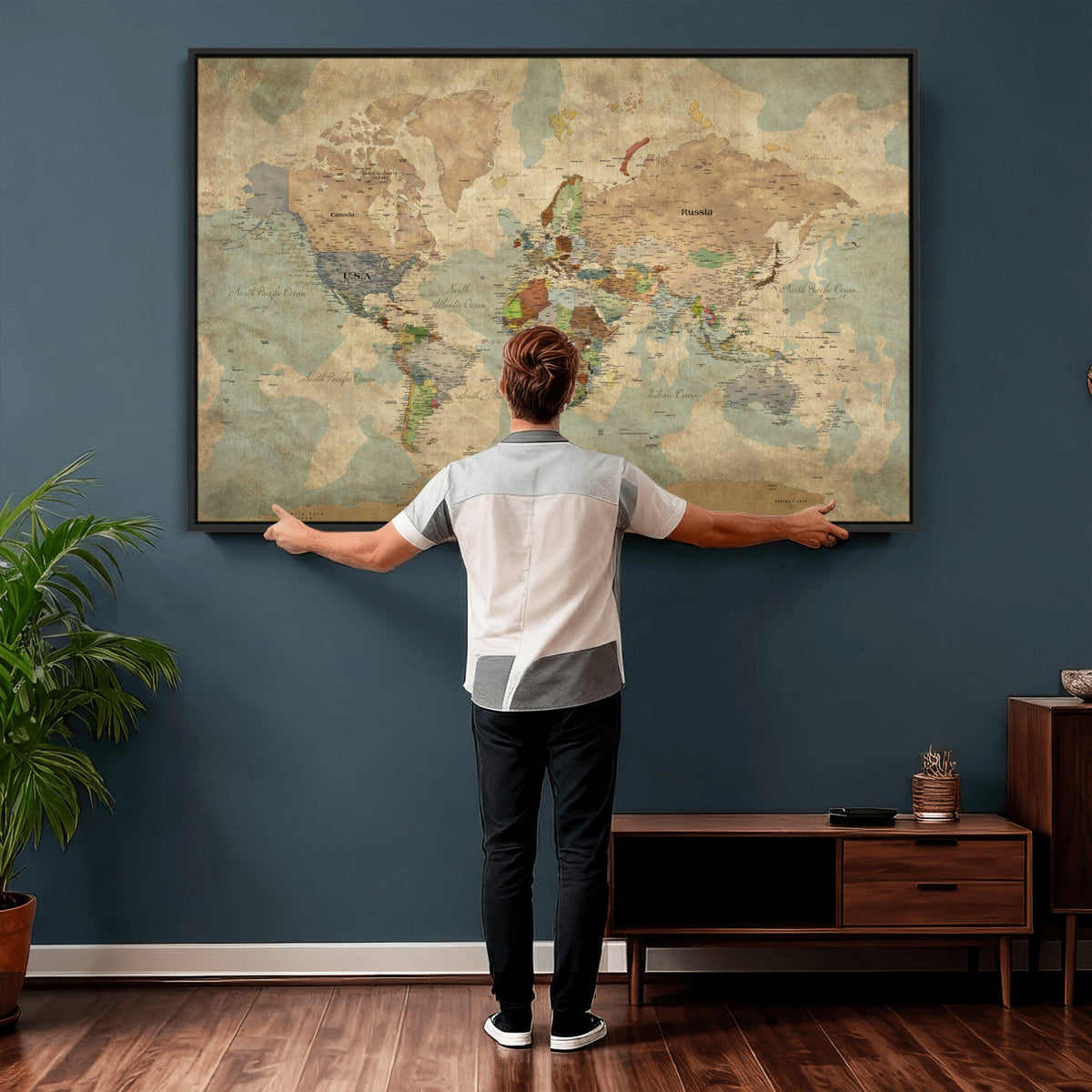 World Map Wall Art Canvas Print, Rustic Map Print, Framed