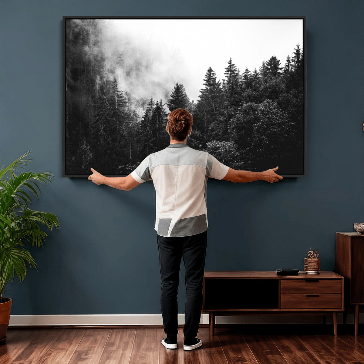 Black White Forest Wall Art Canvas Print, Misty Pine Tree