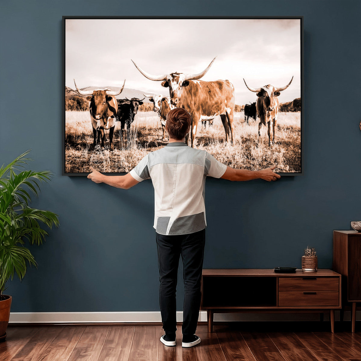Texas Longhorn Cattle Wall Art Canvas Print, Sepia Western