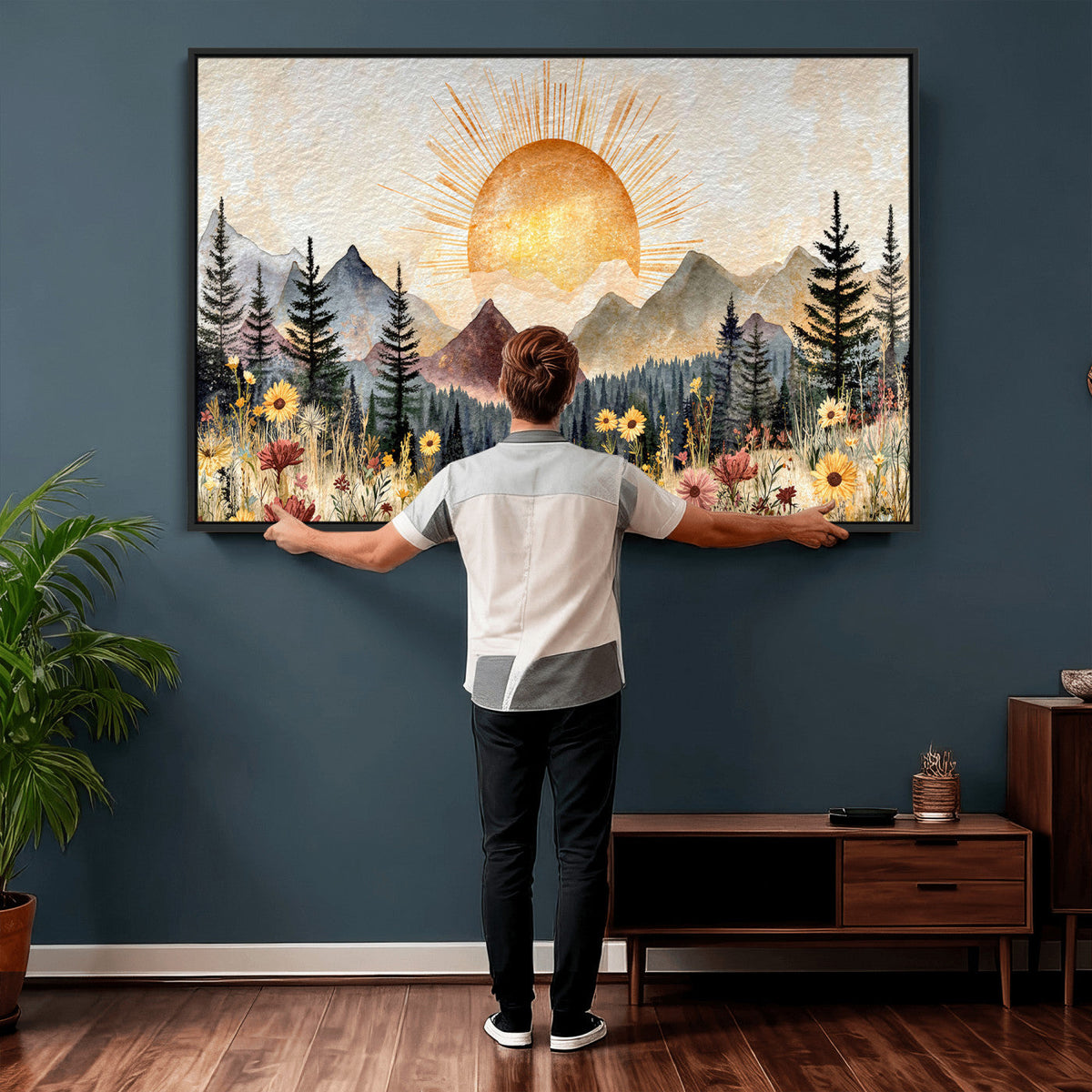 Boho Mountain Landscape Large Wall Art, Horizontal Gold