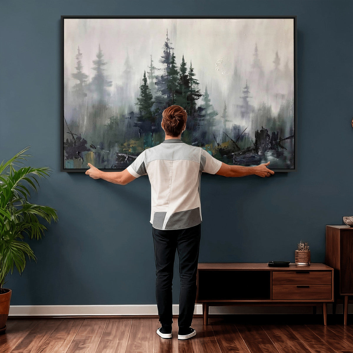 Misty Pine Forest Oil Painting Canvas — Dark Moody Teal Grey