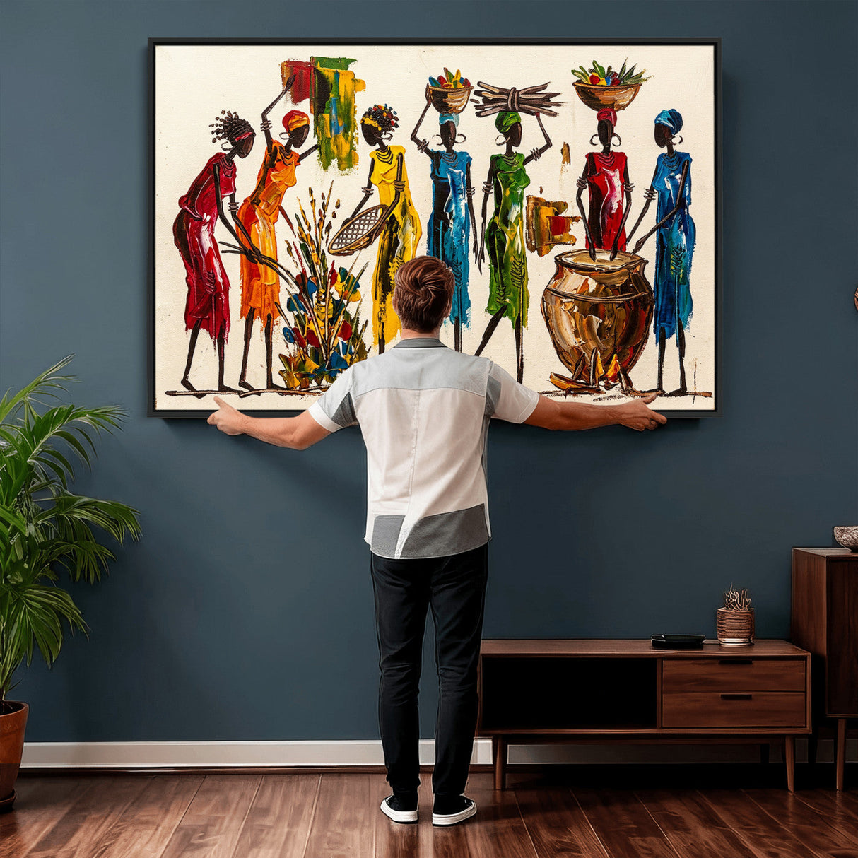 African Folk Art Canvas Wall Art, Colorful African Women Village Painting Print, Tribal Ethnic Home Decor, Vibrant African Art, Living Room