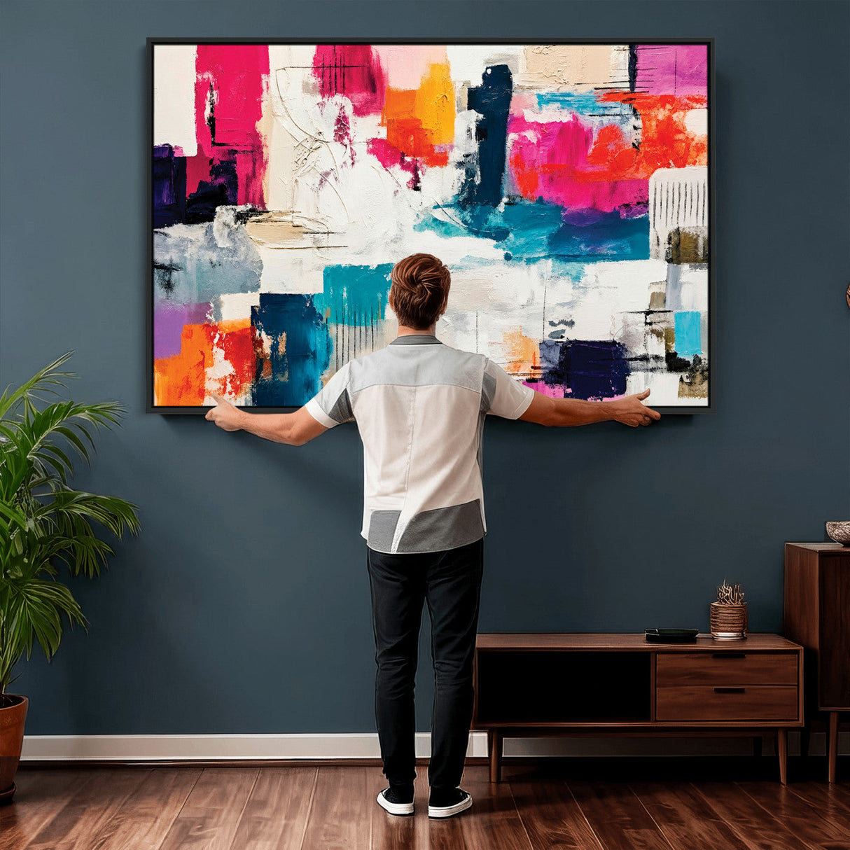 Blue Teal Abstract Canvas Wall Art, Modern Textured Painting Print, Navy Orange White Contemporary Art, Neutral Living Room Decor, Office Art