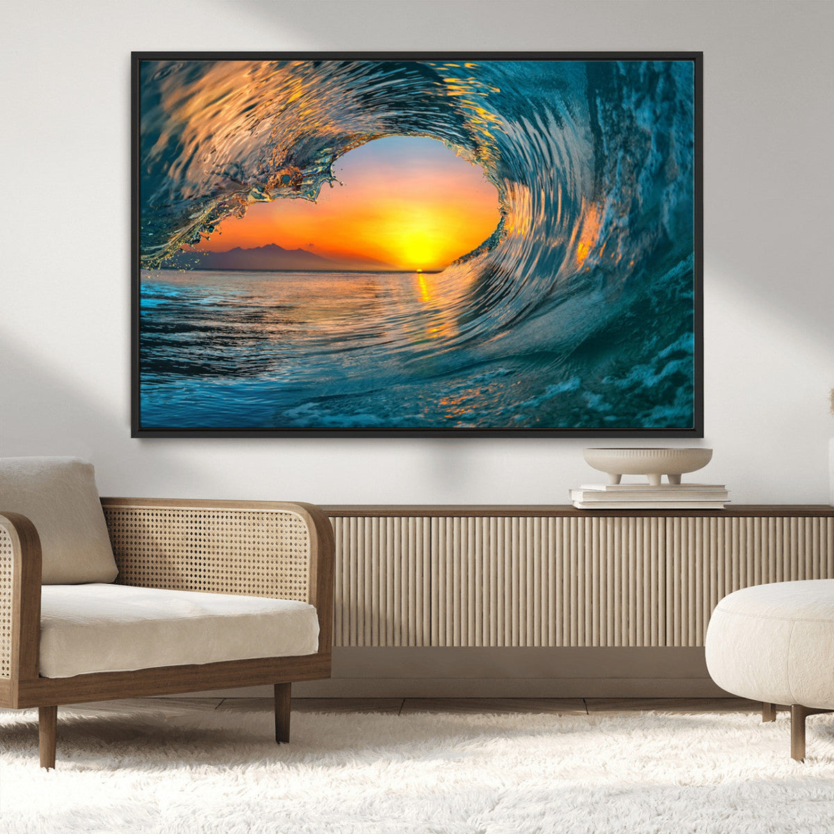 Ocean Wave Sunset Wall Art | Large Coastal Wave Canvas Print