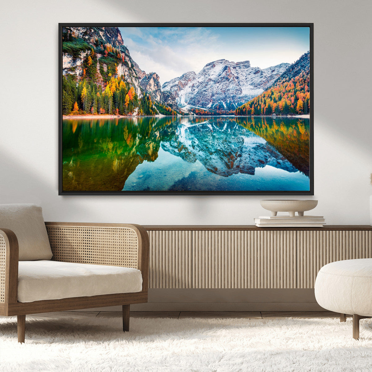 Spectacular autumn view of Braies Lake Wall Art Canvas Print