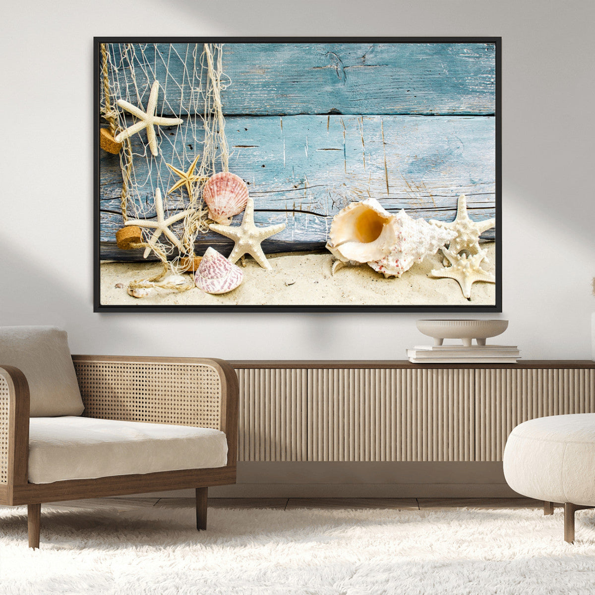Seashells on Rustic Wooden Background, Seashells Wall Art