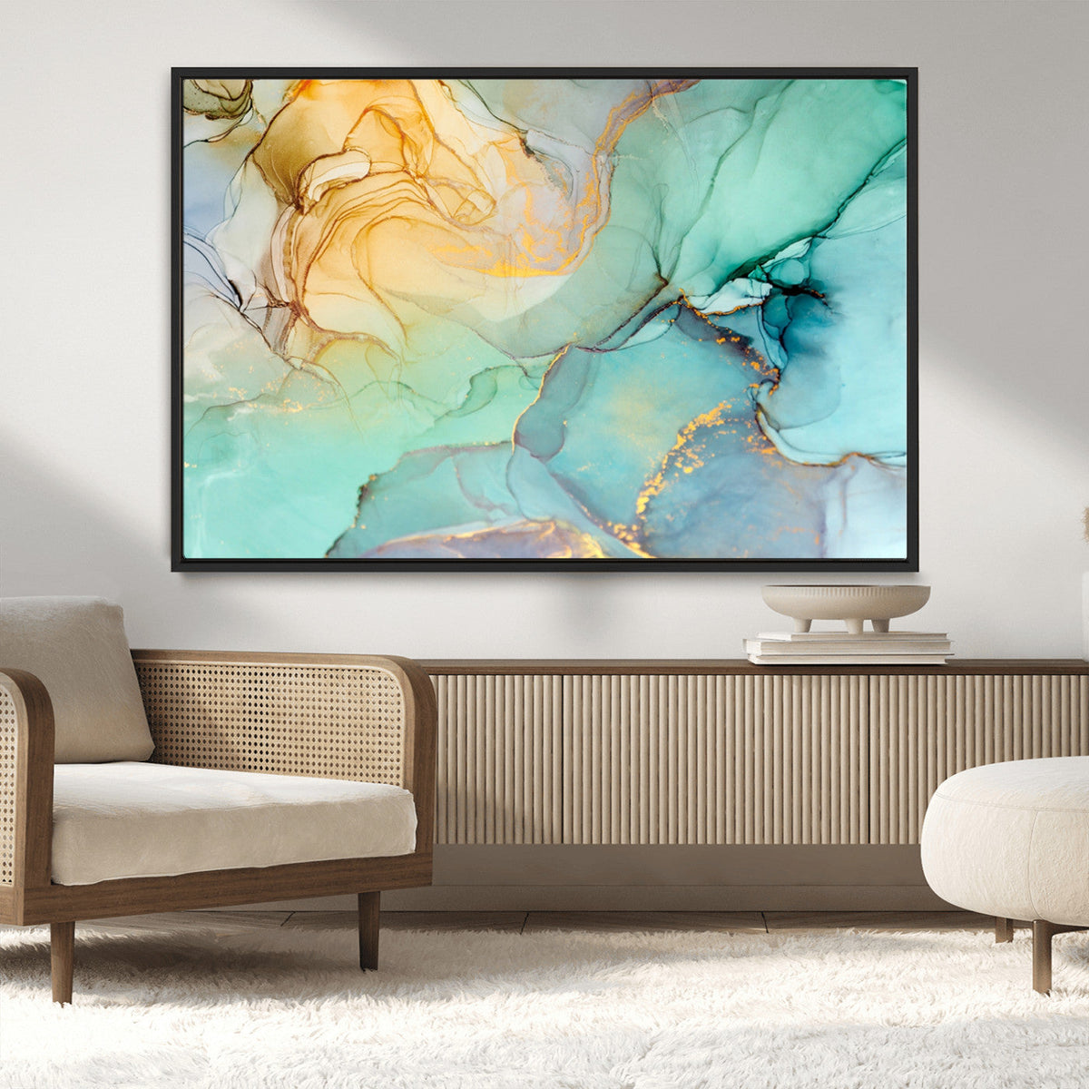 Abstract Aqua and Gold Fluid Wall Art Canvas | 3 Panel Large