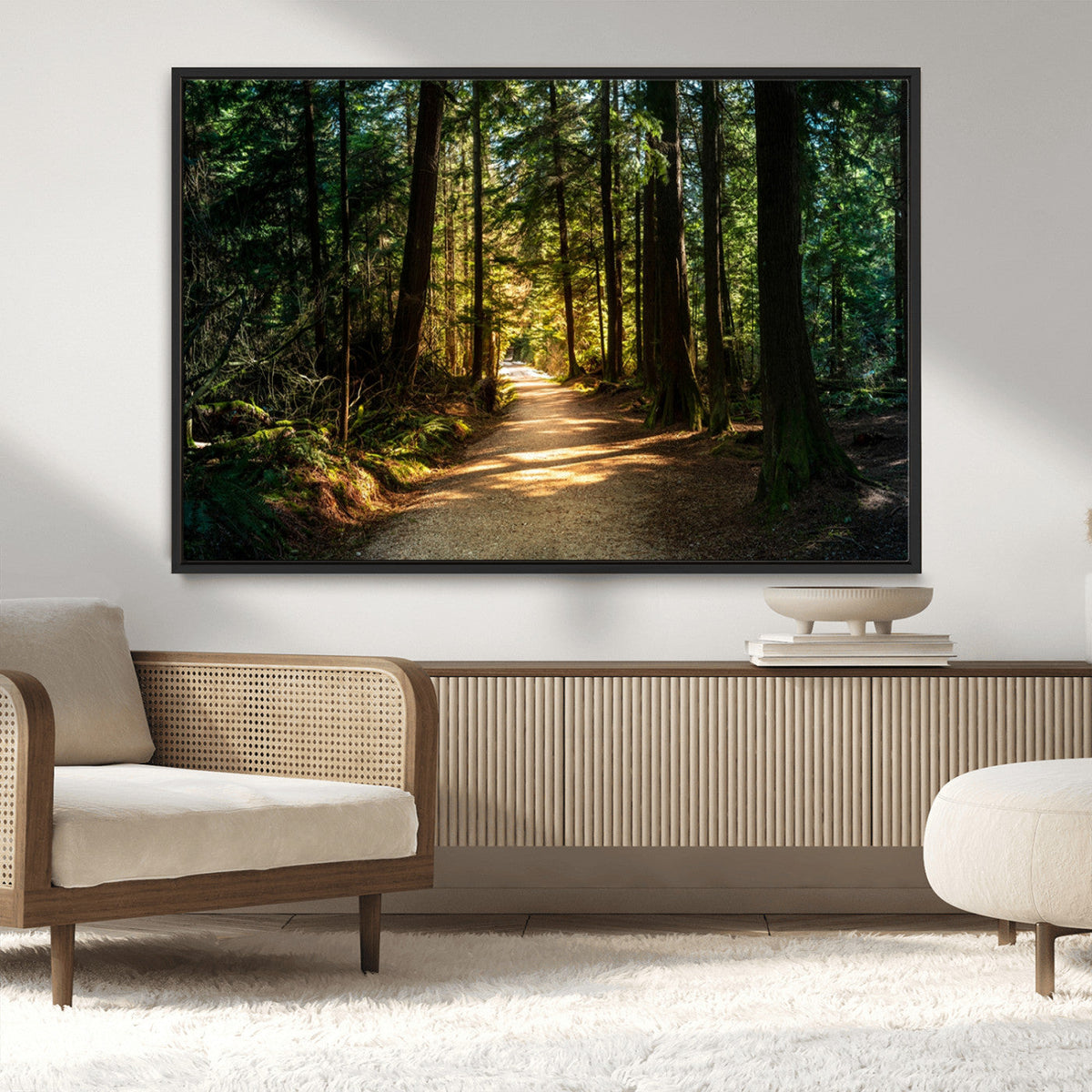 Sunlit Forest Pathway Canvas Print | 3 Panel Large Nature