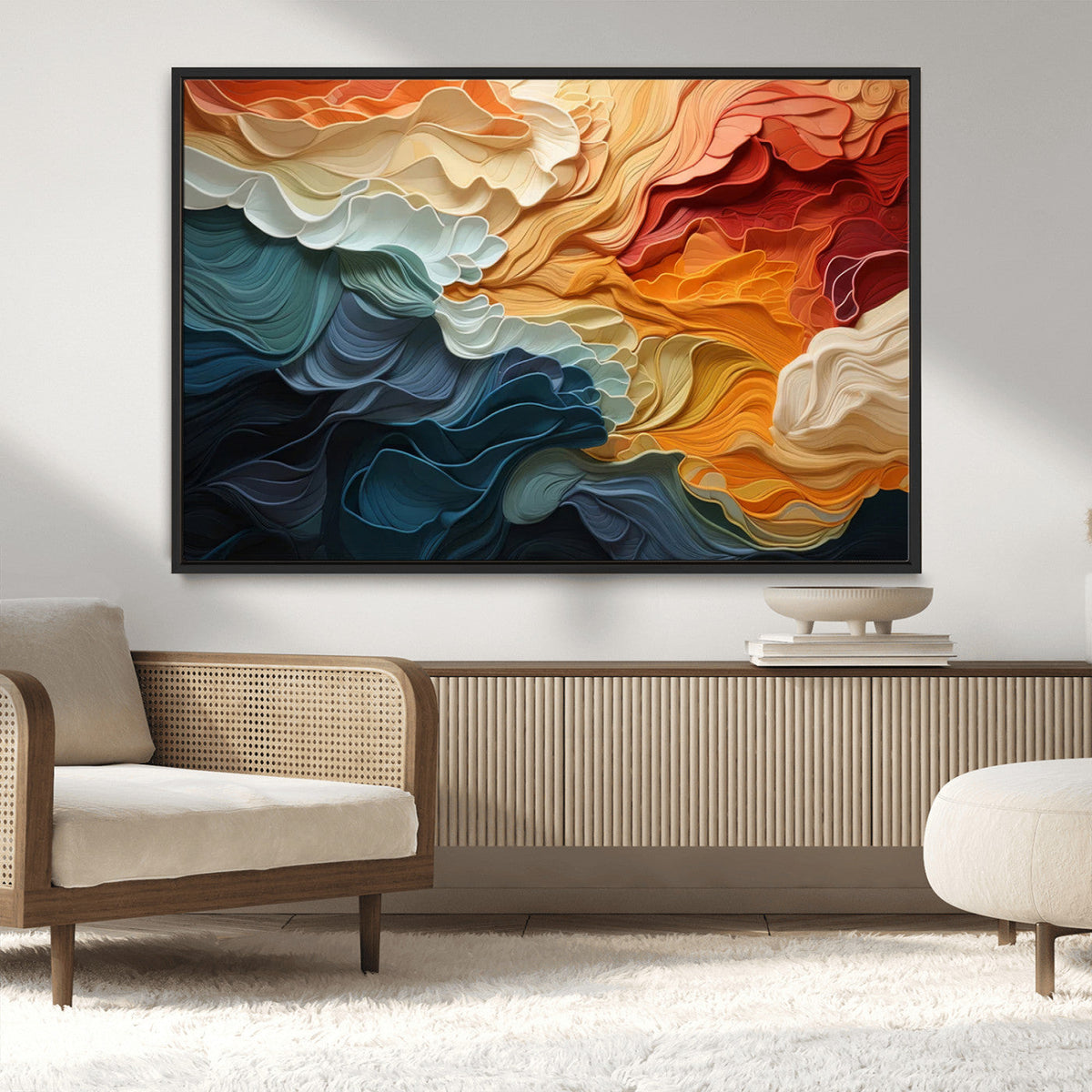Blue Orange Abstract Wave Wall Art Canvas Print, Framed Blue