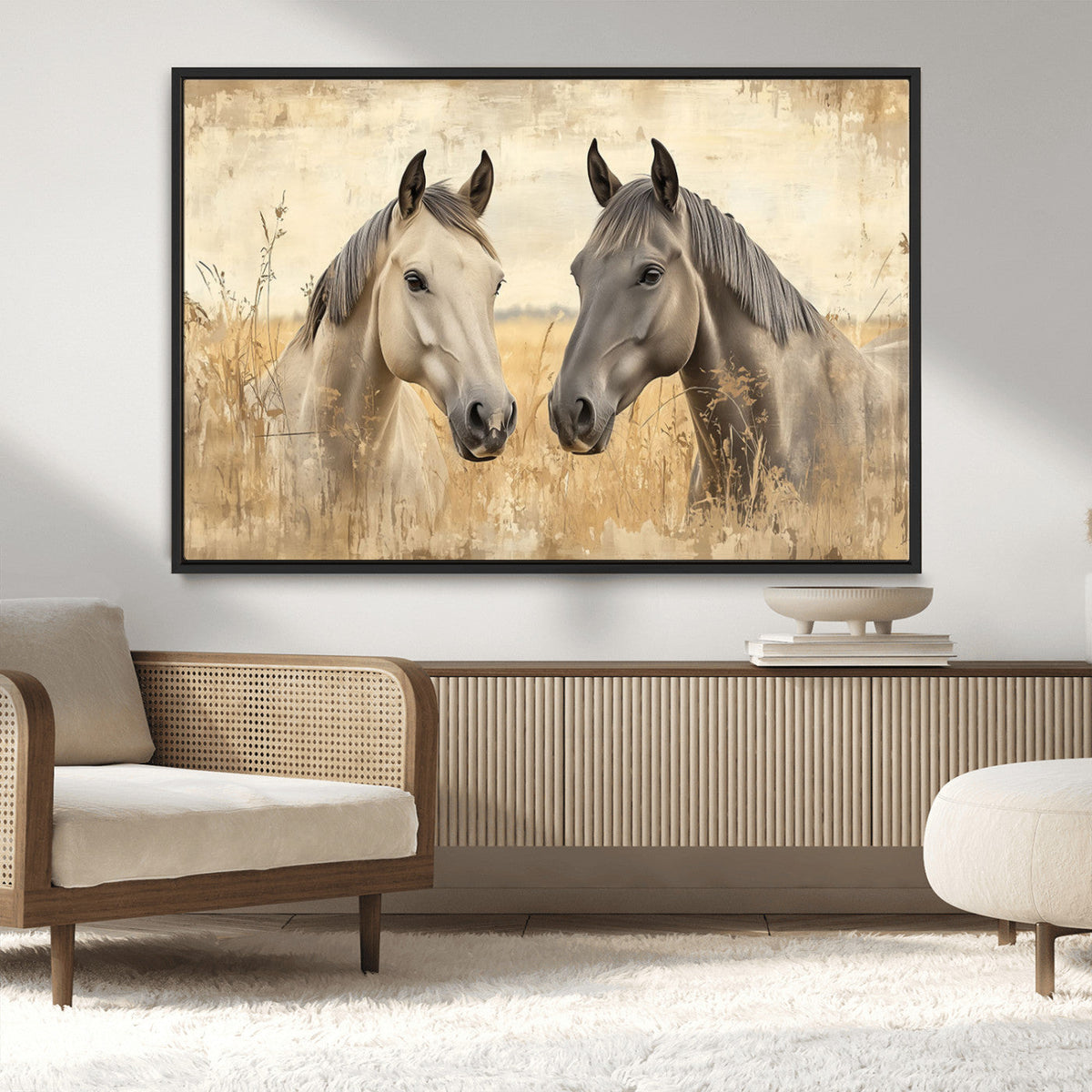 Chines Ink Style Grunge Horses Wall Art Canvas Print