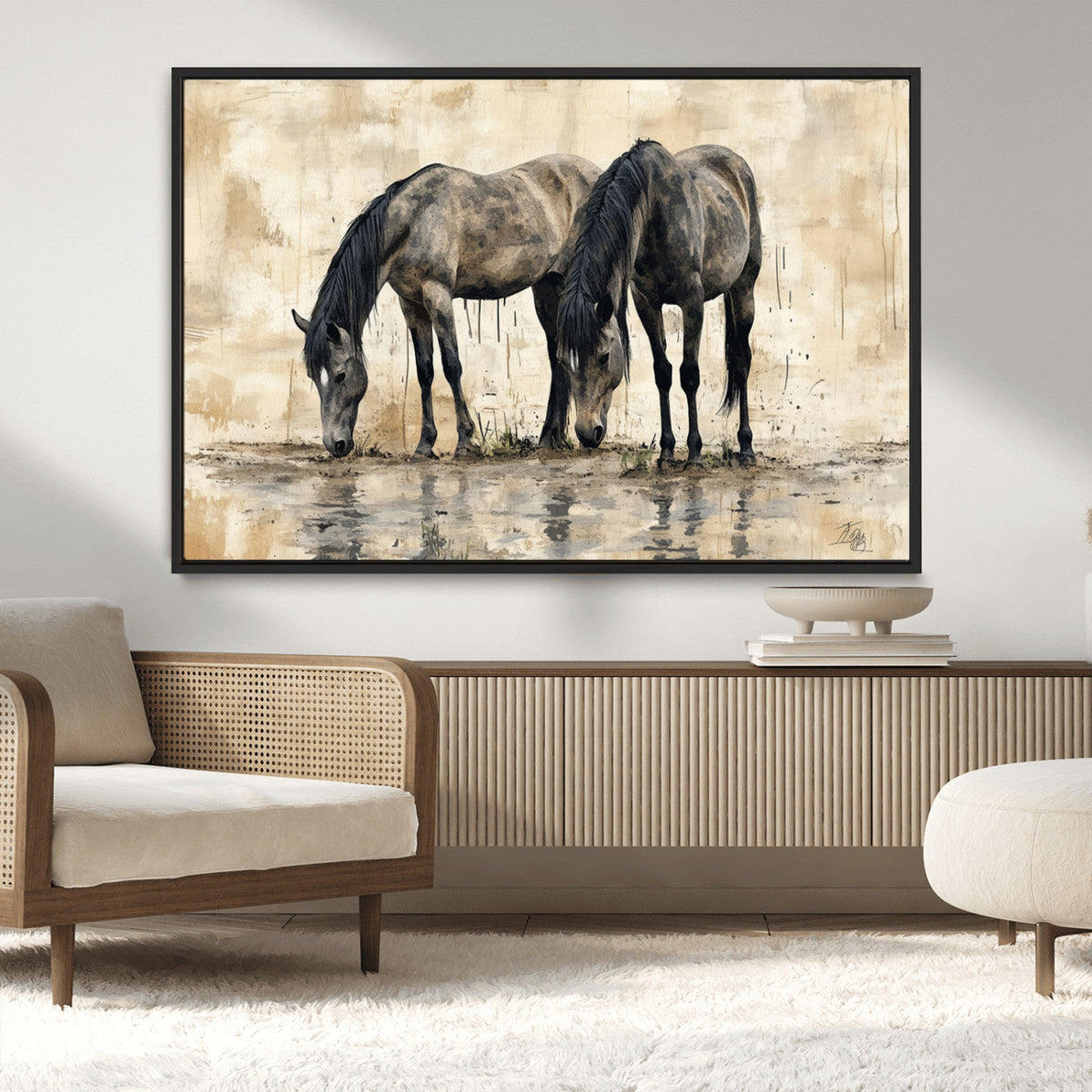 Chinese Style Abstract Black Horses Wall Art Canvas Print -